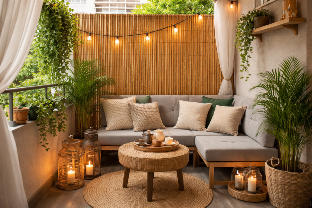 Relaxing small balcony design with privacy screen, candles, and natural textures