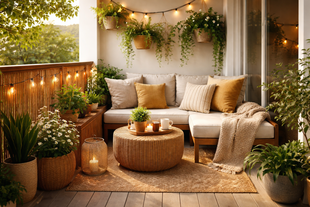 Personalized small balcony with coffee tables, cozy seating, plants, and warm lighting for a relaxing lifestyle space