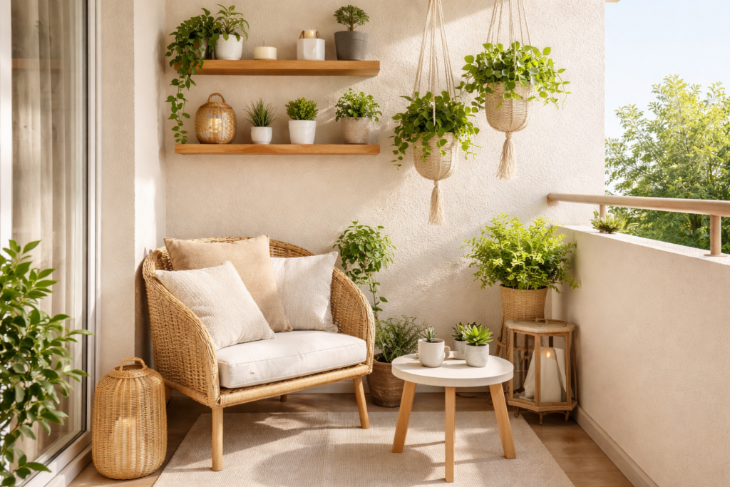Stylish small balcony decor featuring bamboo chair, cushions, and greenery