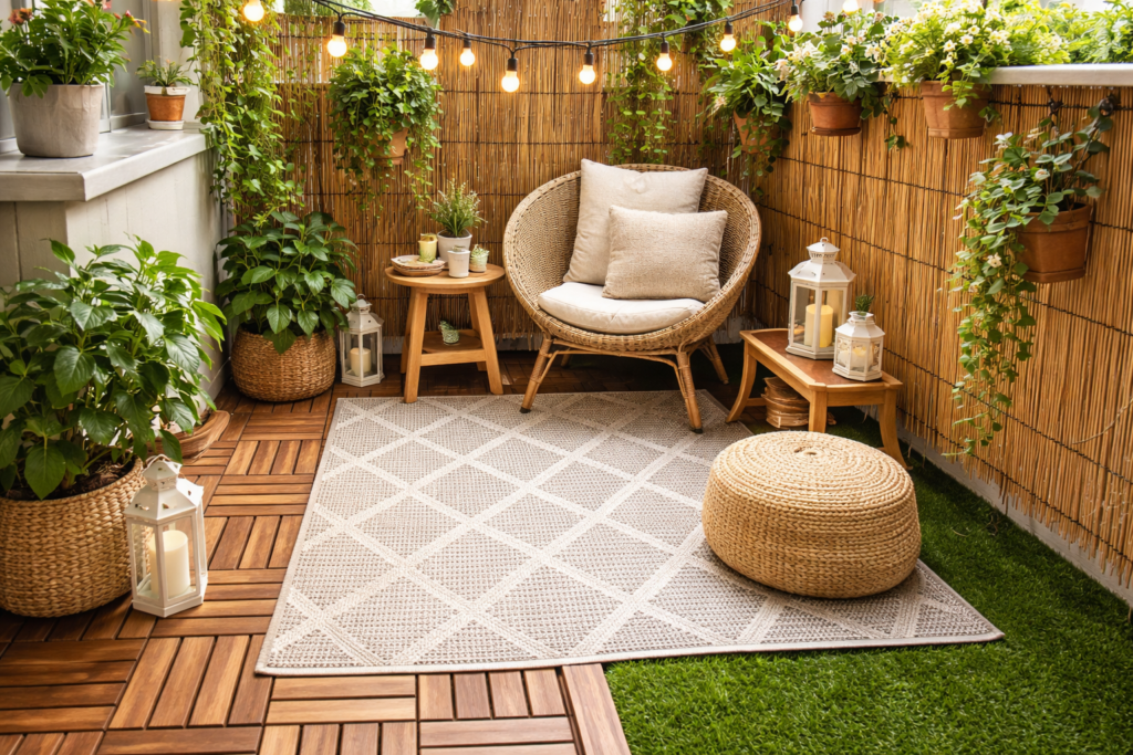 Personalized apartment balcony with plants, white decorative lights and comfortable seating