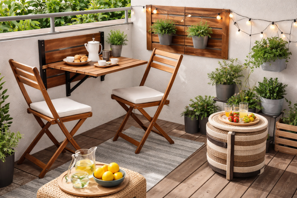 Modern small balcony ideas with personalized wall decor and foldable furniture