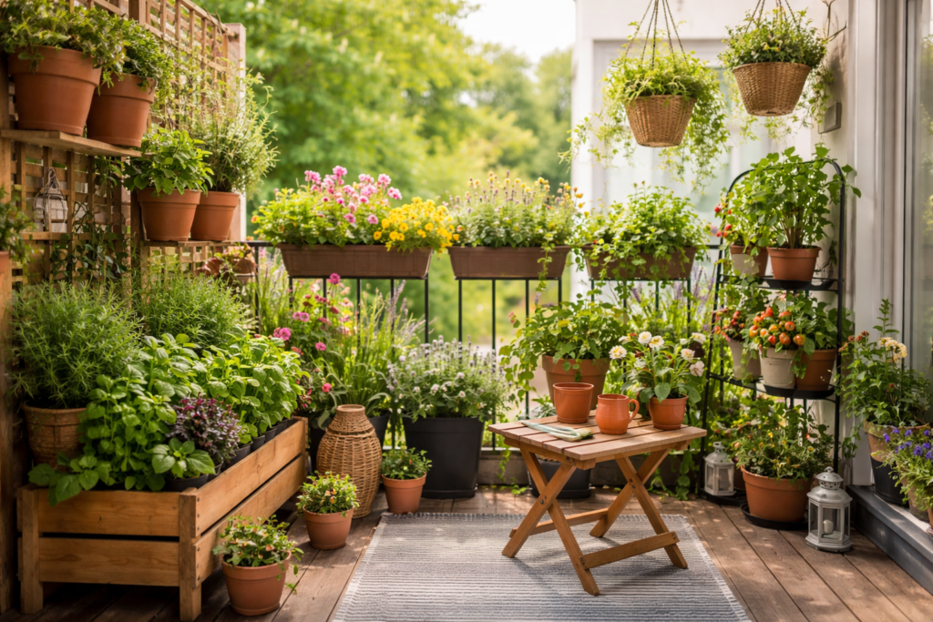 Stylish small balcony decor with vibrant flowering plants, and seating