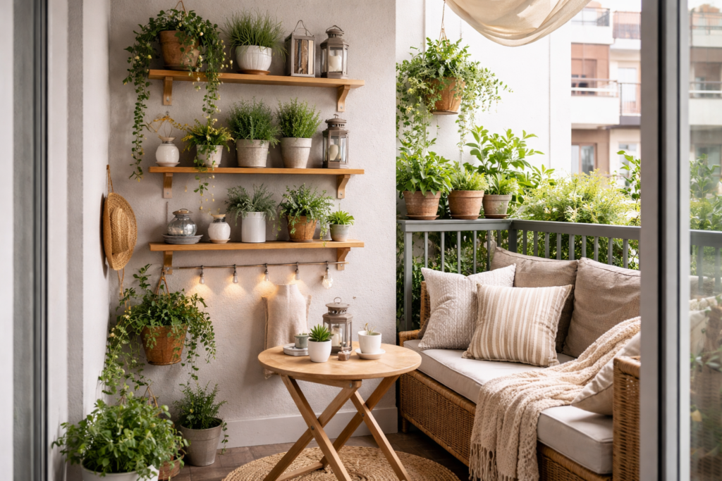 Small balcony ideas featuring small plant pots, greenery, and warm lighting