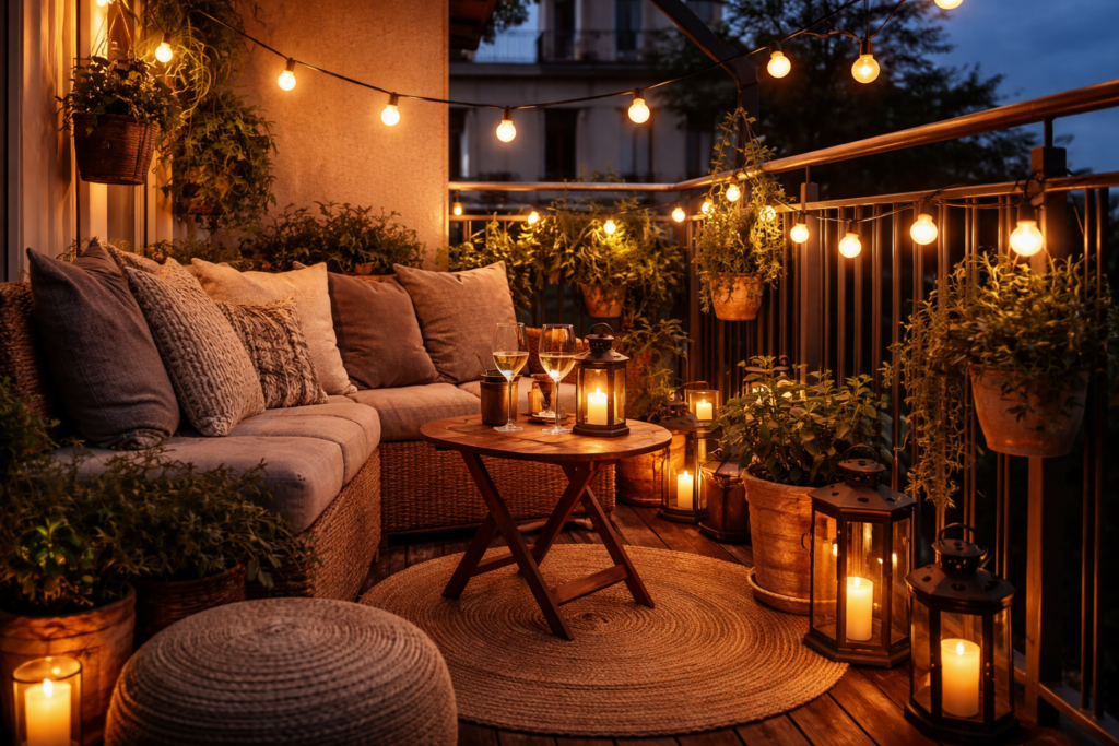 Small balcony makeover with hanging plants, small table and soft lighting