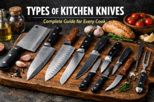 Types of kitchen knives arranged on a wooden board including chef’s knife, bread knife, santoku, cleaver, paring, boning and fillet knives with cooking ingredients