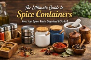 Organized spice containers made of glass, stainless steel, ceramic, and wood arranged on a kitchen countertop with spices, showcasing stylish and airtight spice storage.
