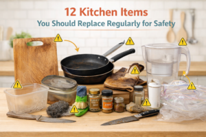 Bright kitchen countertop display showing worn cutting board, scratched non-stick pan, old sponge, stained plastic containers, faded spices, oven mitts, water filter pitcher, and knife, with warning icons and the title “12 Kitchen Items You Should Replace Regularly for Safety” at the top.