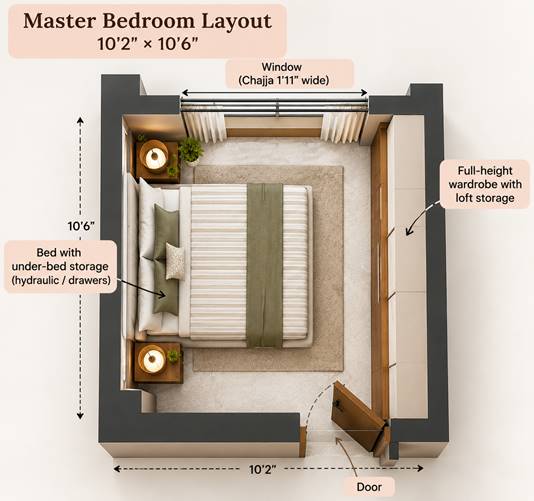 Floor plan of a 10'2 x 10'6 master bedroom showing compact bedroom layouts.