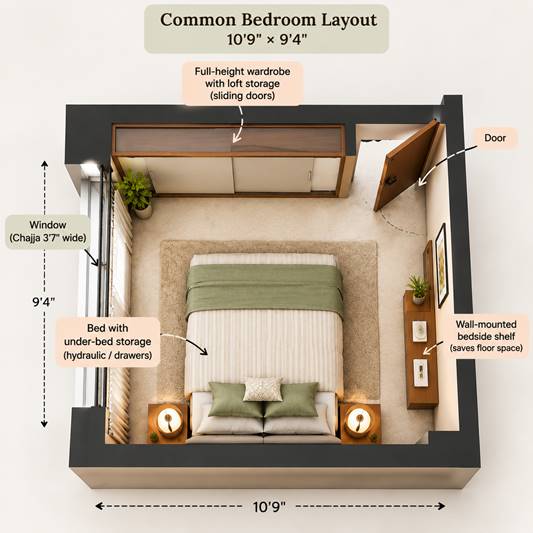 Floor plan of a 10'9 x 9'4 small bedroom showing compact bedroom layouts.